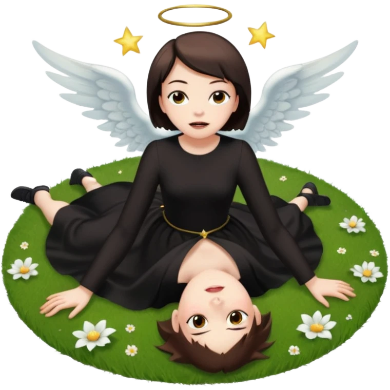 A short-haired brown demon girl lies on the grass, looking up at a flying angel in the sky."
 emoji
