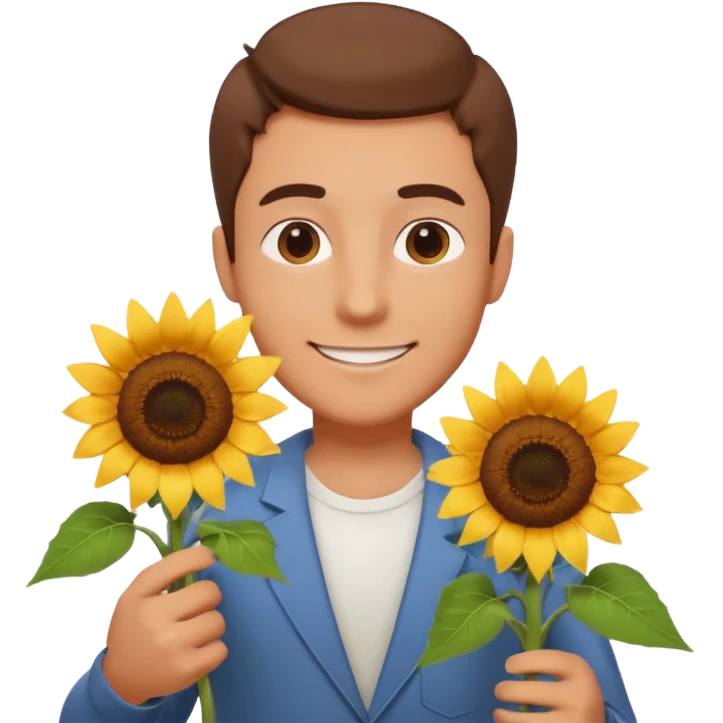 man holding a sunflower portrait, head and shoulders only, gentle smile, sunflower visible in hand, warm positive vibe, 3D cartoon style, mobile game icon style, clean background, no text, no watermark
 emoji