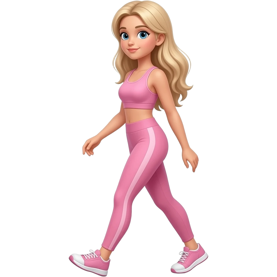 Apple emoji Long Blonde haired girl with slight tan walking left to right in pink activewear aesthetic soft lighting, simple emoji