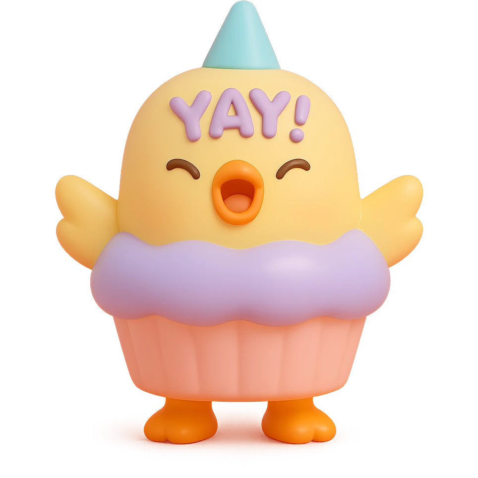 chick in cupcake costume shouting “Yay!”, vinyl figure style emoji