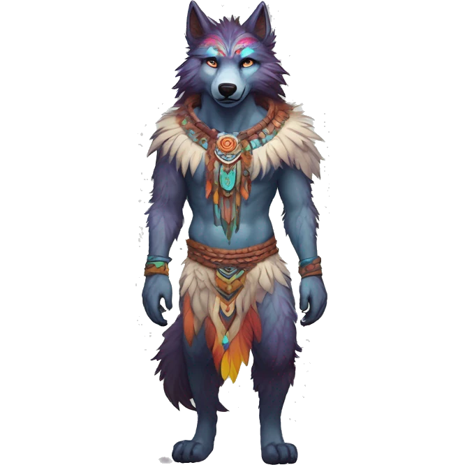 Anthro Fluffy Colorful Shy Spiritual Shamanic WereWolf-sona With Shiny Tribal Markings wearing feathers Full Body emoji