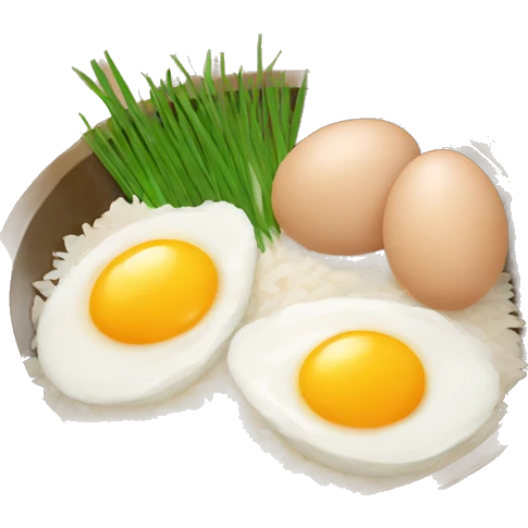 a bowl of rice with two eggs and two chicken emoji