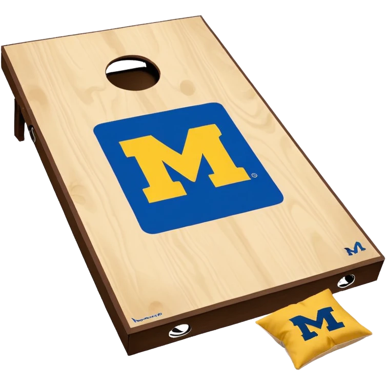 Cornhole board blue and yellow with Michigan “M” With a  cornhole bag emoji