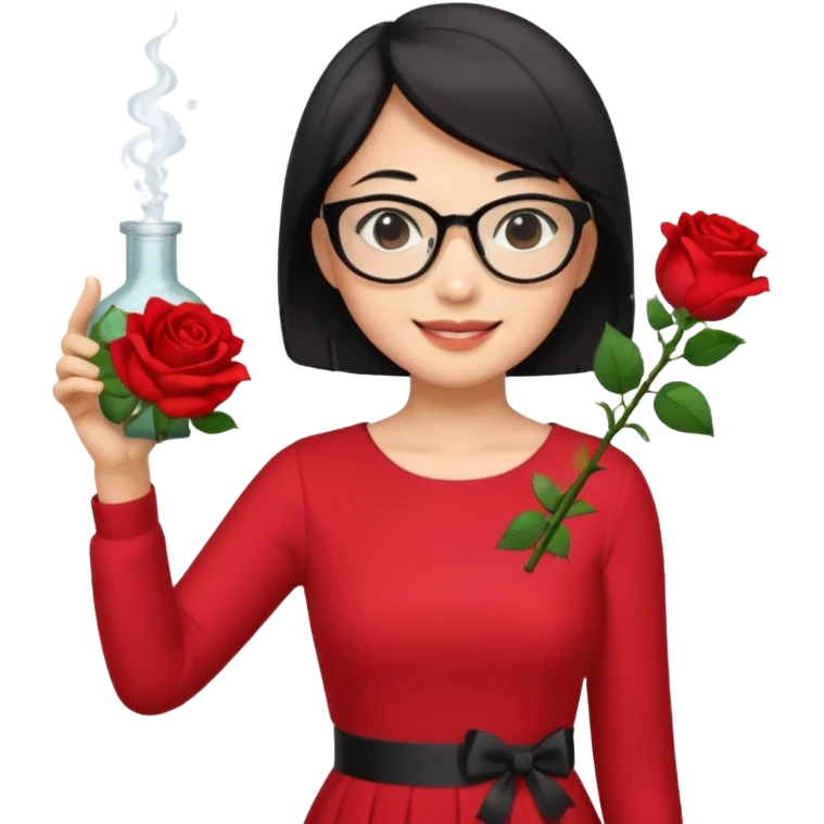 female asian chemistry teacher wearing glasses holdin a flask pointing right with straight short hair to her shoulders wearing a red dress with roses on it and black hair and make the glasses more retangle and make her hold a flash with one hand and with the other point right and make her smile emoji
