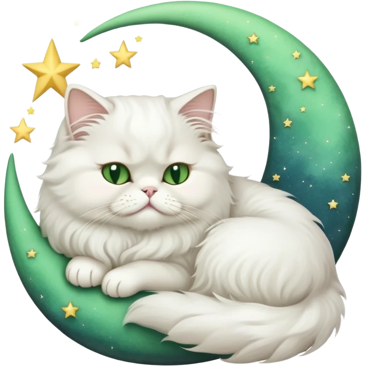 White Persian cat with green eyes sleeping on crescent moon  emoji