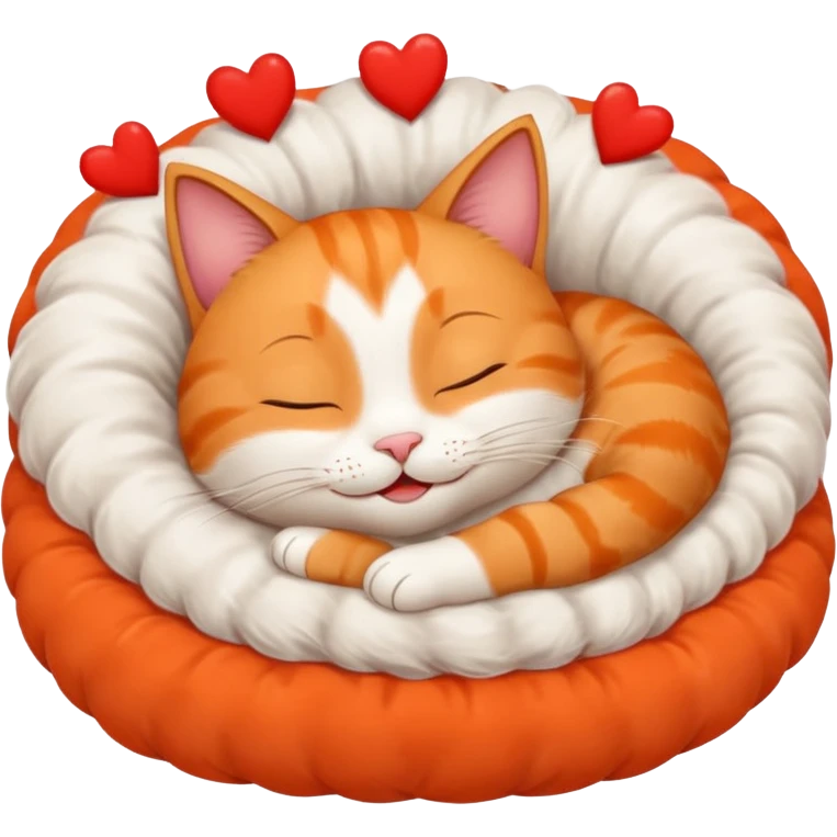 Smiling cat sleeping in a bed full of hearts emoji
