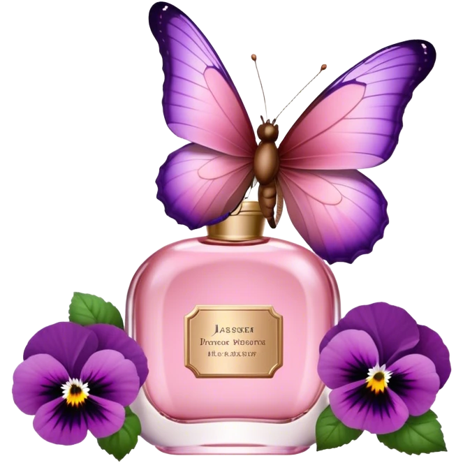 A butterfly with striking Tyrian Purple and Jasper Red wings delicately lands on a Rosewater Pink perfume bottle. Misty Rose pansies bloom softly around, creating a dreamy, romantic scene." emoji