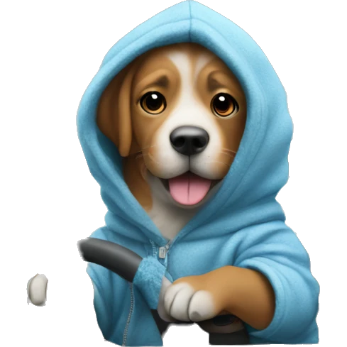 Dog wearing a hoodie driving a ca while having blue fur emoji