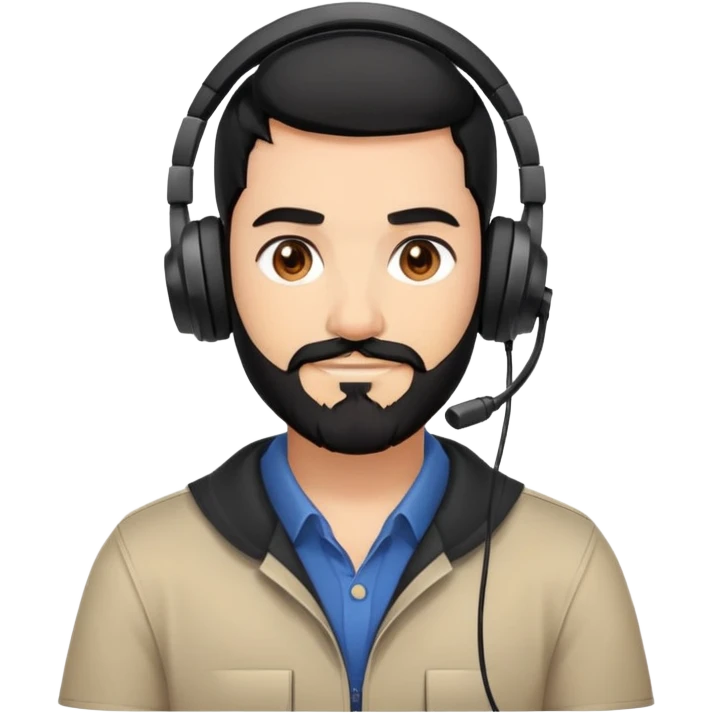 A person with black hair, brown eyes, and a black beard wearing a gaming headset with a thankful expression emoji
