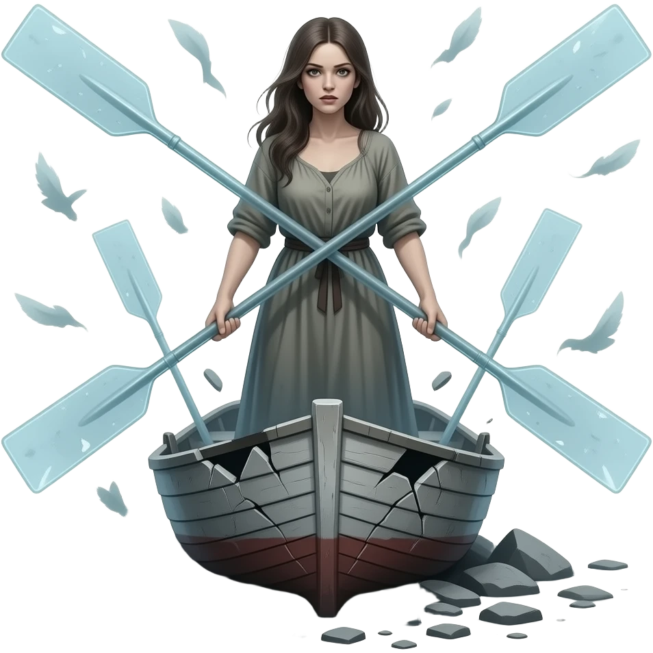 cinematic realistic - a broken boat with a terrifying female apparition around which flutters transparent larger oars emoji