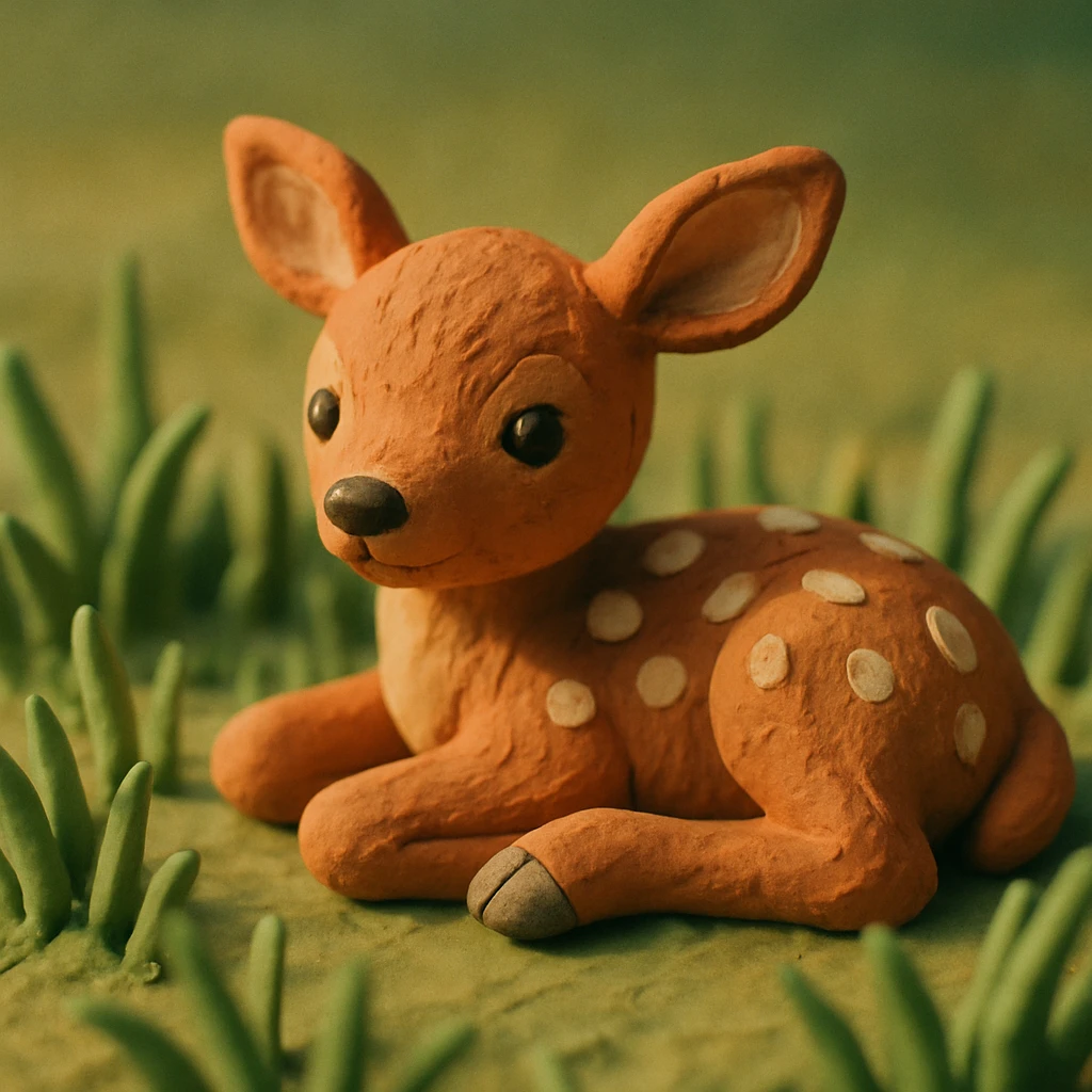 fawn with spots, lying in grass, soft lighting, cute and detailed fur, claymation style emoji
