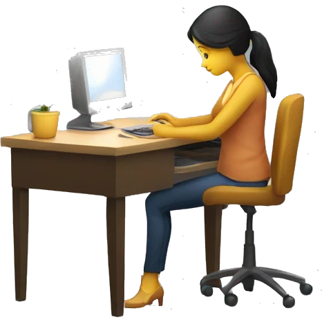 mujer con computador sentada en un escritorio con una lampara emoji