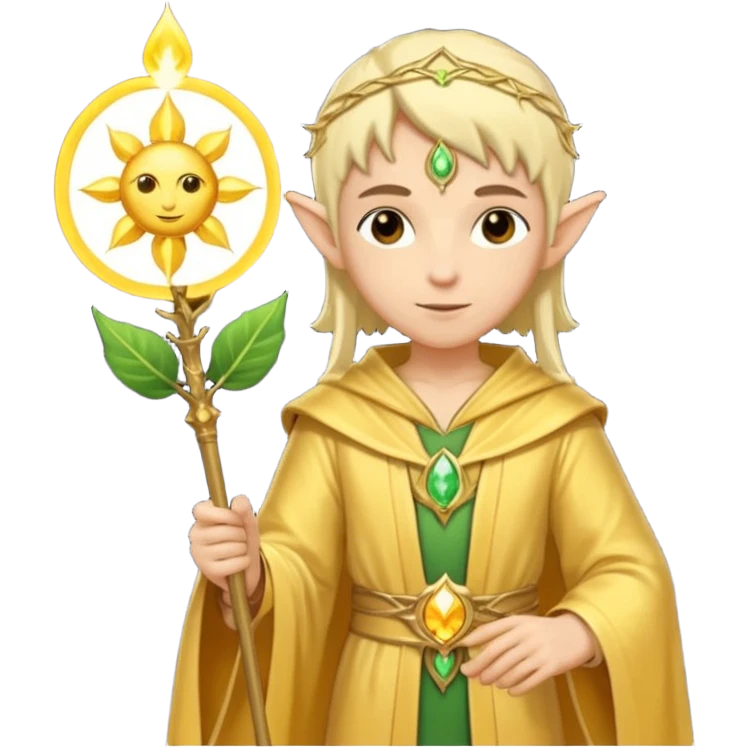 {
      "type": "human",
      "look": "light elf healer, golden robe, staff with leaf and sun motif",
      "description": "a light elf healer wearing a golden robe and holding a staff with leaf and sun symbols"
    } emoji