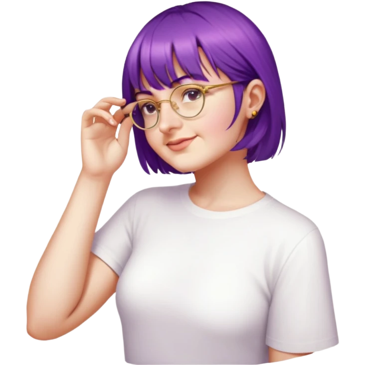 female, white shirt, hair to the shoulder, bangs, golden round glasses emoji