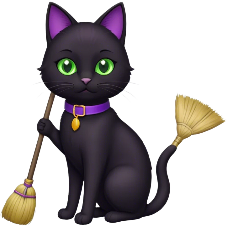 black  cat with a broom, purple collar emoji