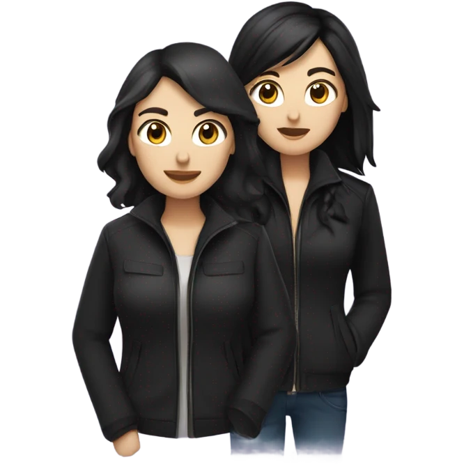 two caucassian woman with black jackets. One woman has black hair the other woman has brown hair and is slightly shorter then the woman with black hair emoji