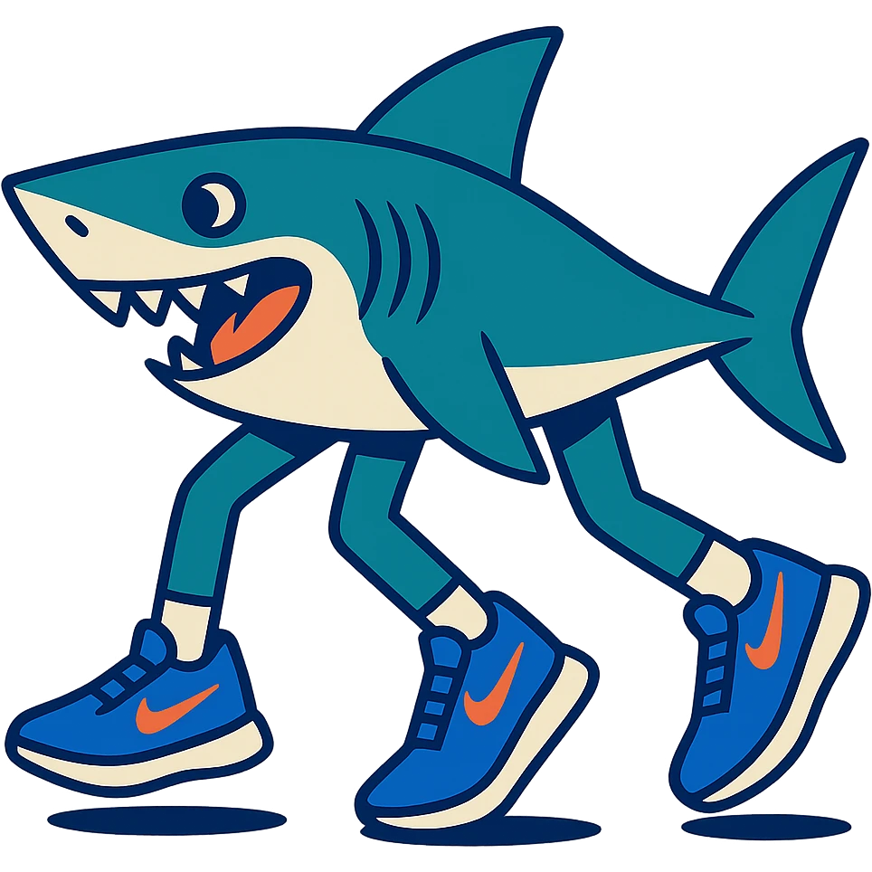a whimsical shark with three legs, blue Nike tennis shoes on each, dynamic and sporty emoji
