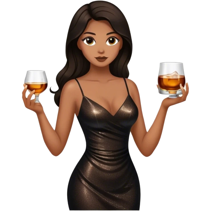Beautiful woman in 1950’s woman fashion look, black shimmery dress, long dark brown hair, whisky with ice emoji