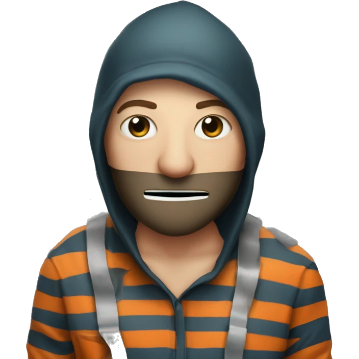 waist-deep thief on his face there is a mask up to his nose. Dressed in prison striped clothes. he stole a bag of money emoji