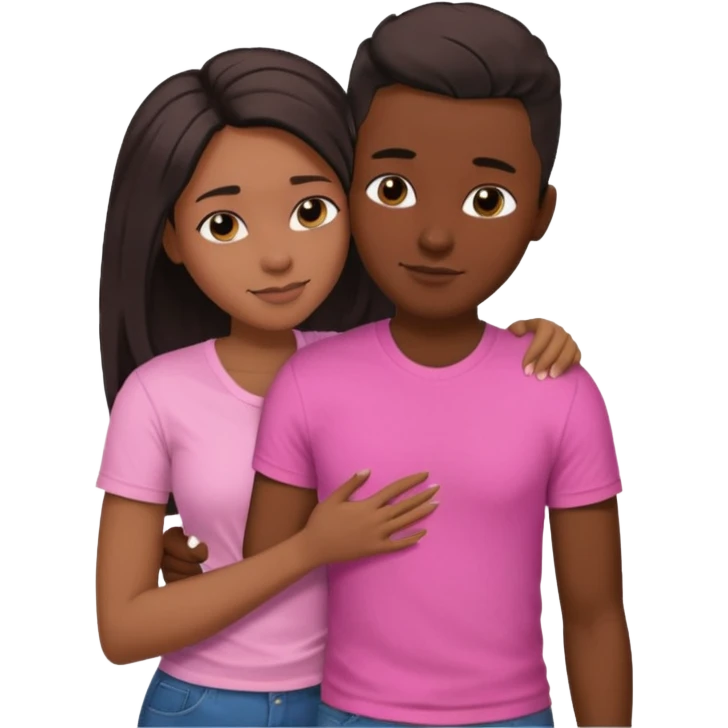 Black lesbian couple with one dark skin masculine with short hair low cut fade with a t shirt and one feminine with very long hair in a pink blouse hugging  emoji