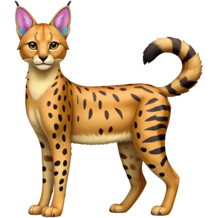 Colorful cartoon iridescent neon tropical exotic anime Striped and spotted Lynx-Caracal-Serval-hybrid full body emoji