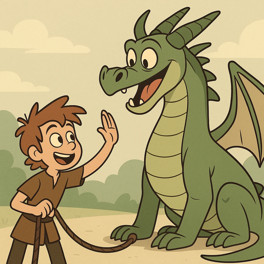 child training a friendly dragon, DreamWorks animation style emoji
