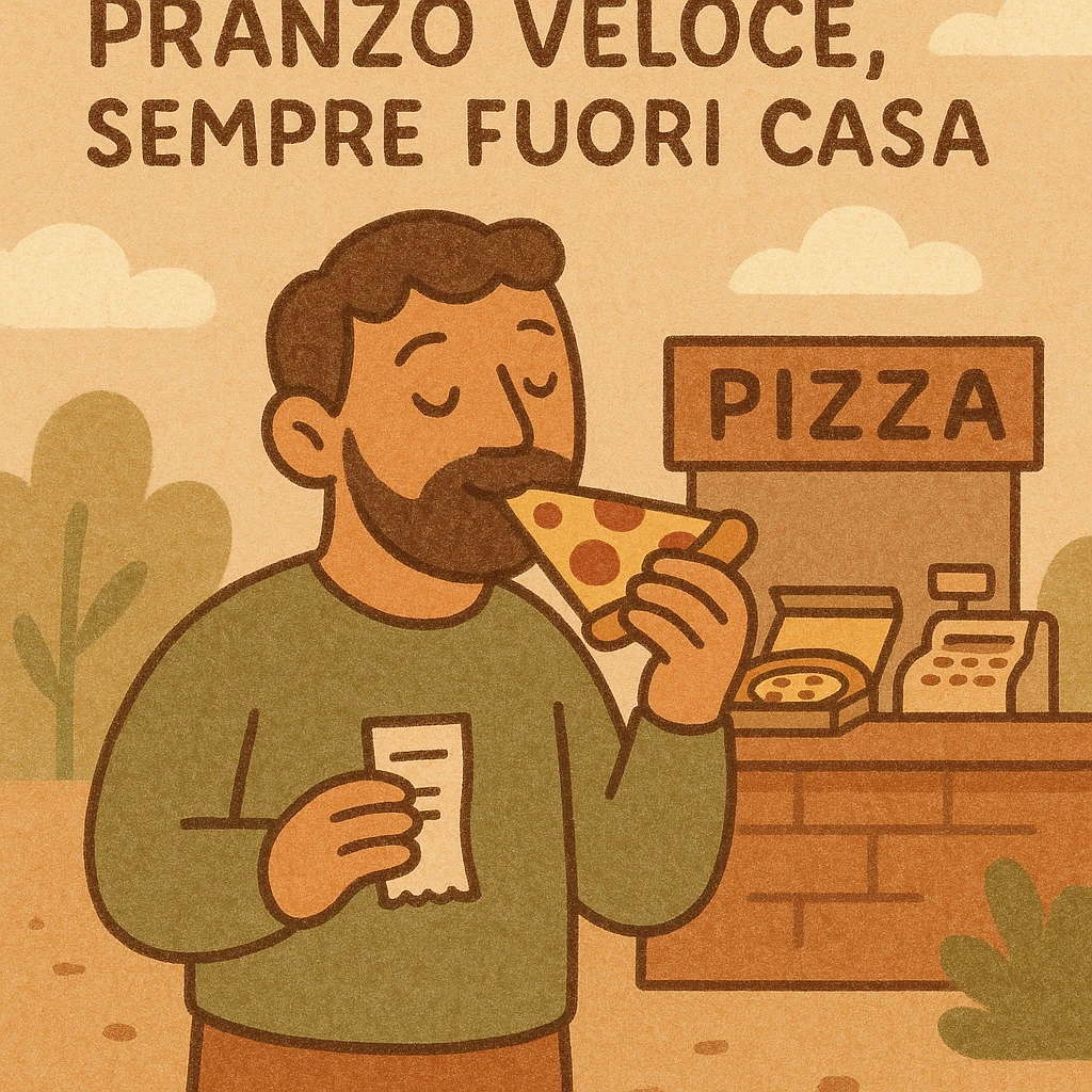 Uomo che mangia un trancio di pizza in piedi davanti al bancone di una pizzeria d’asporto, scontrino in mano, testo in italiano: “Pranzo veloce, sempre fuori casa”. emoji