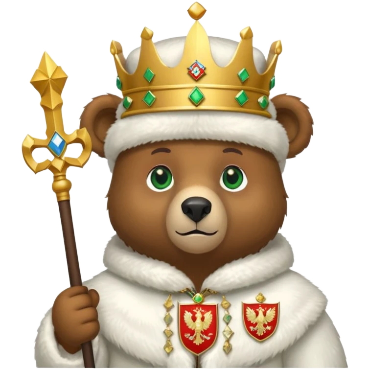Adorable brown bear with green eyes, white ushanka hat featuring very clear and accurate Russian Federation double-headed eagle coat of arms with crowns and scepter, iOS emoji style emoji