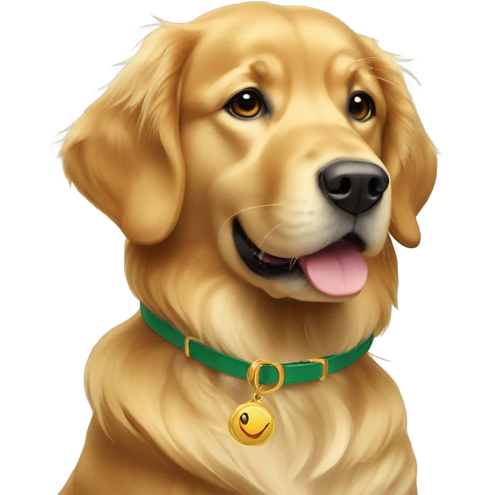 female golden retriever wearing a sage green and gold collar emoji
