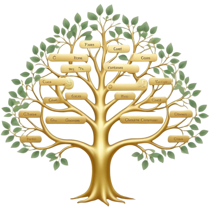 Tree of ancestral connections with ethereal, flowing branches linking generations, dreamy translucent family tree emoji