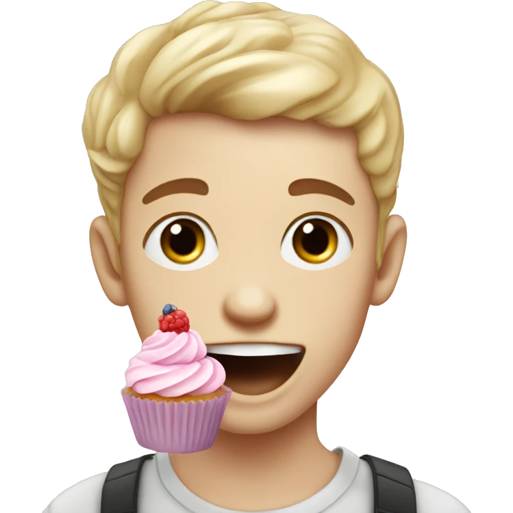 White skinned-Boy eating pastel pink cupcake with berries emoji