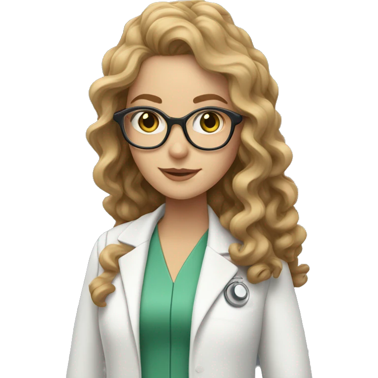 White girl with green eyes and light brown curly long hair with glasses in a dr white coat emoji