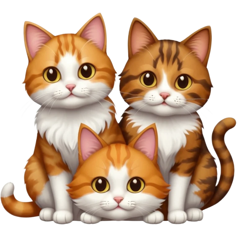 3 cats different colours including brown tabby and white, calico, and ginger and white emoji