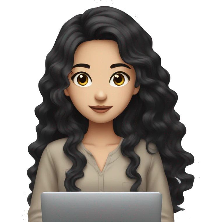 Beautiful girl,Black hair,wavy hair，long hair,Black eyes,Chinese, typing on laptop  emoji