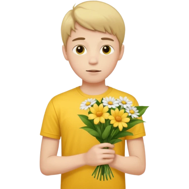 generate an ios genmoji of a 20 year old fair boy with 3 very faint upper lip  hair. should look like he cant grow a mustache., carrying a flower bouquet, wearing a yellow tshirt, looking shy emoji