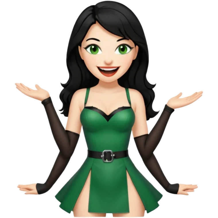 🕵🏻‍♀️💦🧥 black hair , green eyes ,dominatrix dress , laughing  emoji