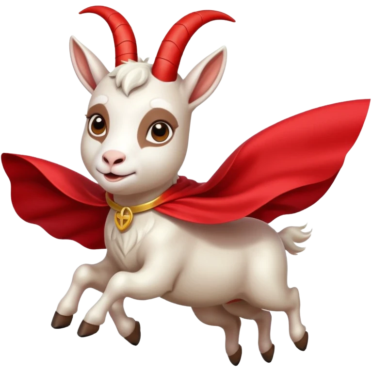 side view of white female goat wearing a read cape like superman emoji