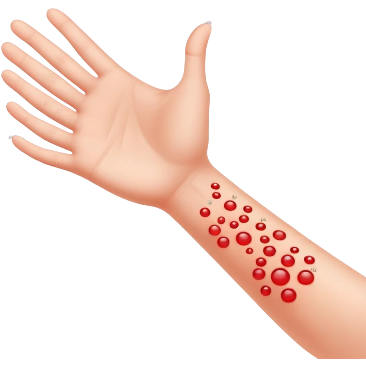 Allergy skin prick test on forearm with small red bumps showing reactions to different allergens, with 5 fingers of the hand visible emoji