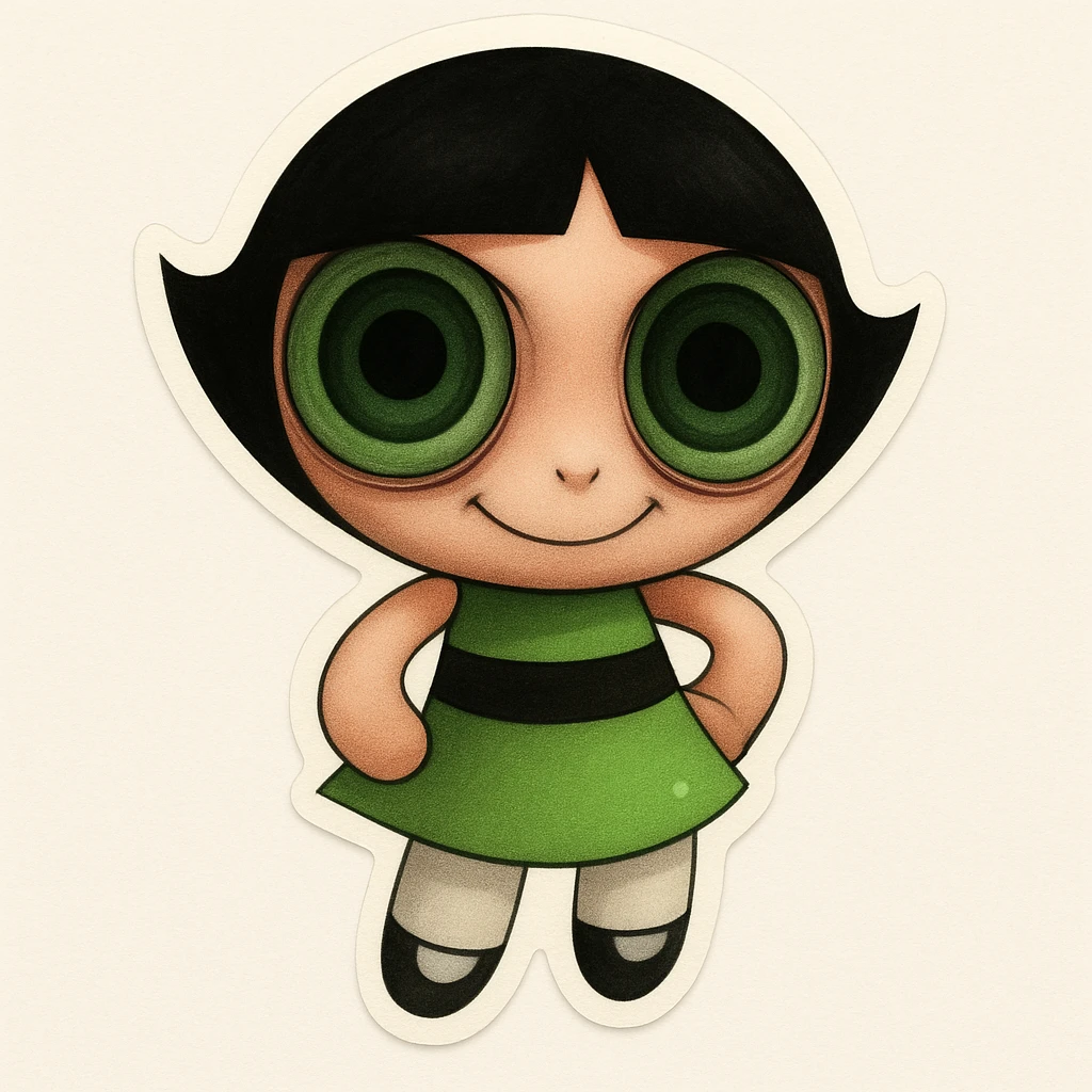 Add a creepy, wide-eyed stare and a subtle, unsettling smile to the character, maintaining the original cartoon style and quality. emoji