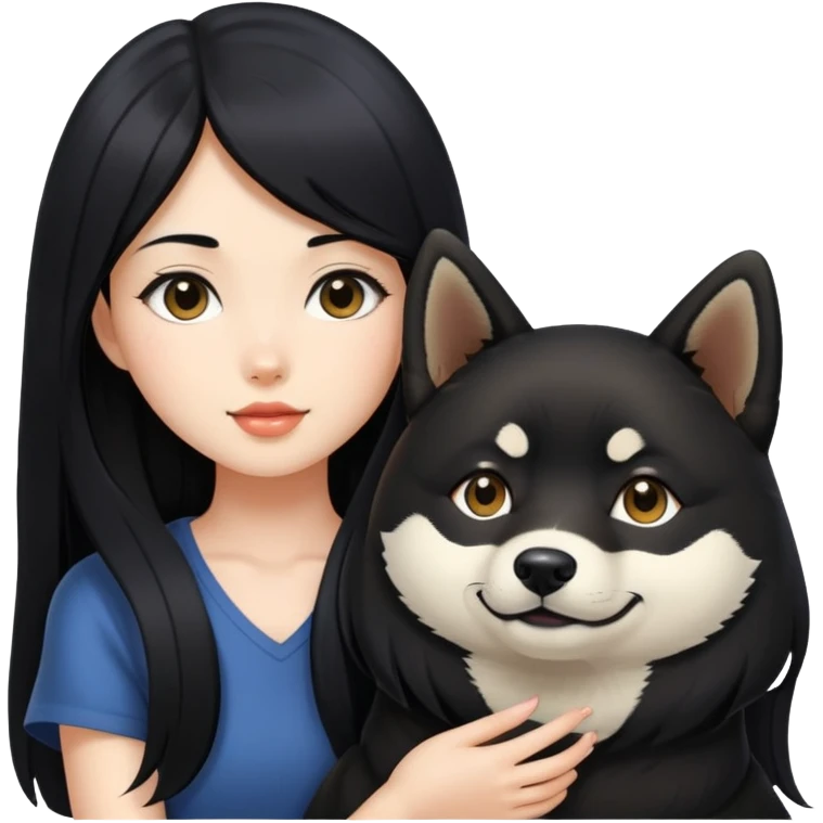 A beautiful girl with long black hair holding a black Shiba Inu emoji