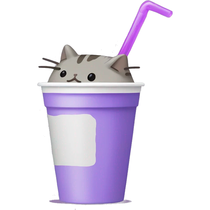 Pusheen drinking purple syrup from styfoam cup emoji