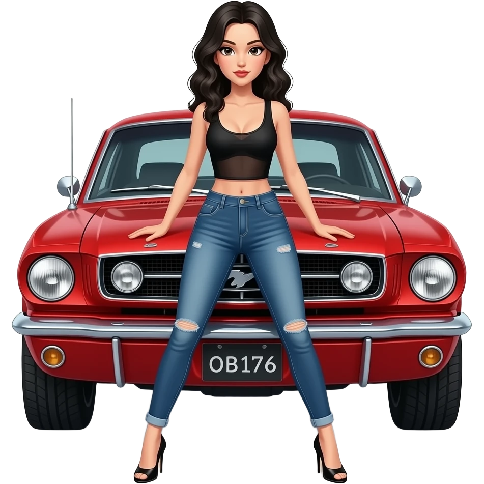 Pale girl with black wavy hair in front of a red Ford Mustang 1968 coupe. Girl wearing a sheer black sleeveless top with a medium neckline, low rise jeans and heels with visible toes. Legs spread and hands resting on the hood. emoji