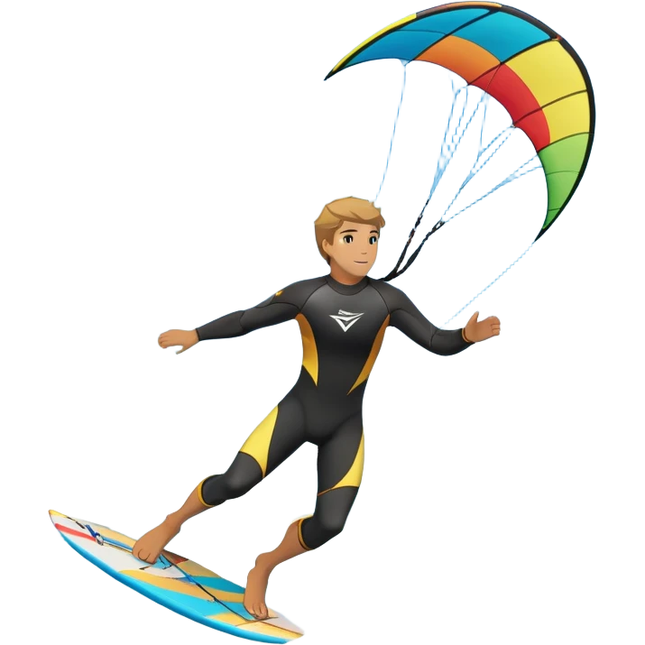 A kite surfer soaring above the waves, holding onto a kite with the wind in full force. The background showcases the ocean and sky, emphasizing the freedom, thrill, and energy of the sport. The motion of the kite and board is dynamic, capturing the excitement of kiting. emoji