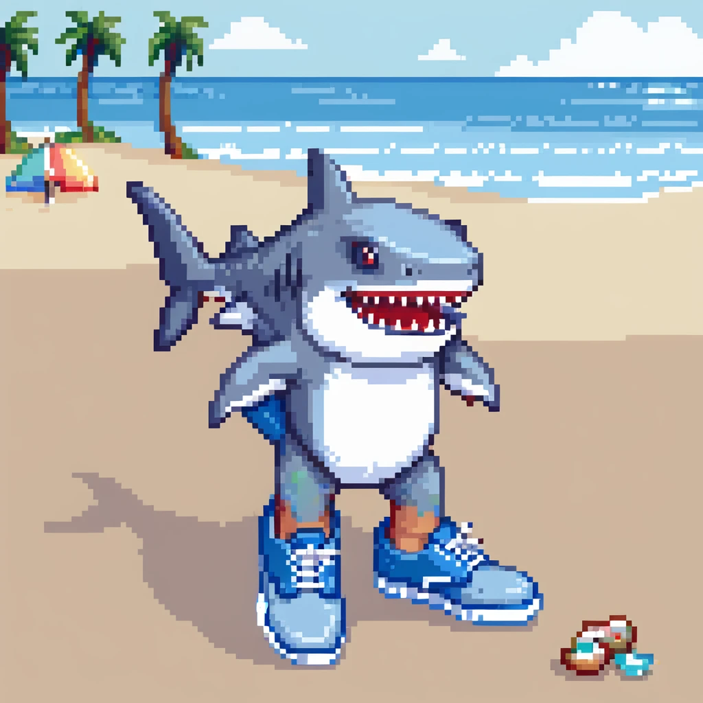 shark with blue shoes at the beach emoji