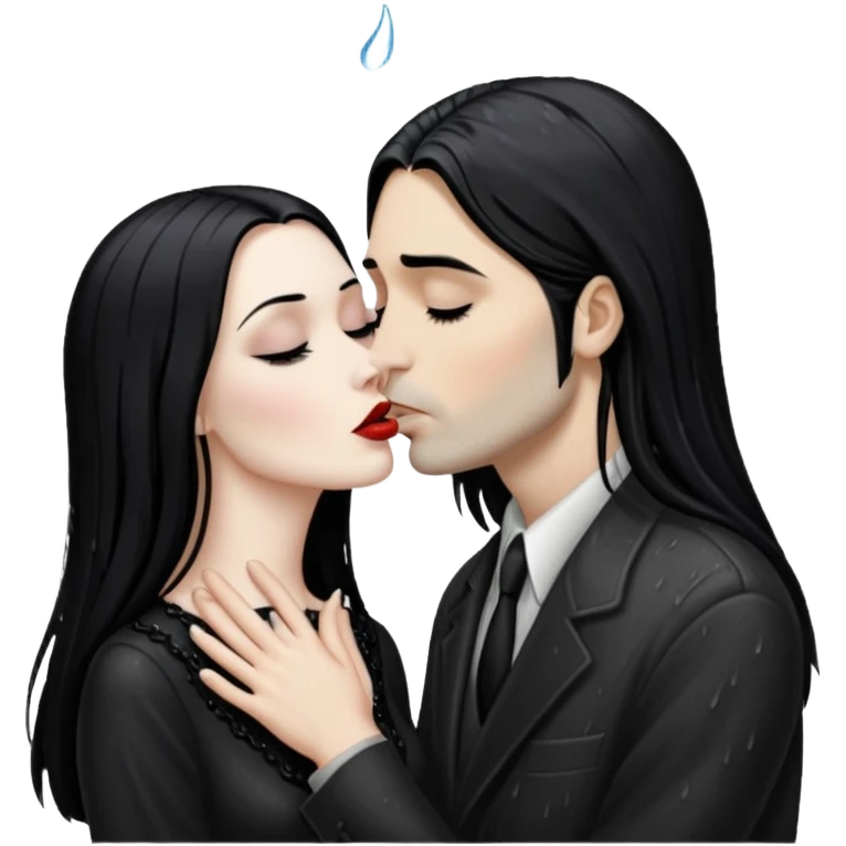 Realistic morticia addams kissing sweetly Kurt Cobain in the rain. emoji