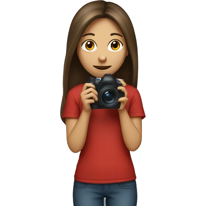 girl with brown long hair in red t-shirt holding a camera emoji