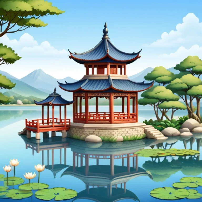 Traditional Chinese pavilion near a peaceful lake emoji