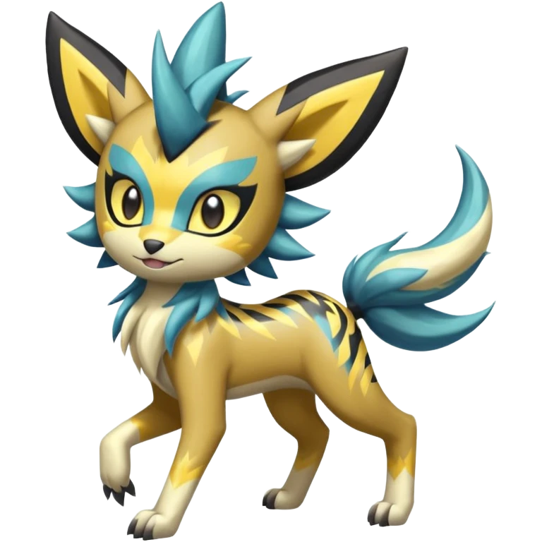 Shiny tropical exciting earthly madly feral 4-legged Feral Lightning-patterned Zig-zagged buzzy fuzzy Meloetta-Renamon-Zeraora-Luxray-Cobalion-Suicune-Vernid-fusion-hybrid-creature, full body  emoji