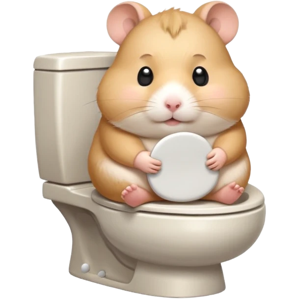 Cute chubby cartoon-style hamster sitting on toilet looking as if he had an accident, sticker-style illustration emoji