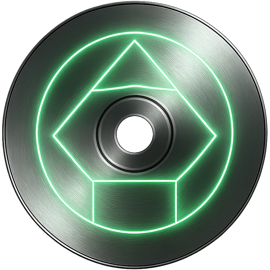 A minimalist CD disc with geometric pattern, glowing effect, green color, chrome style, with a subtle gradient. emoji